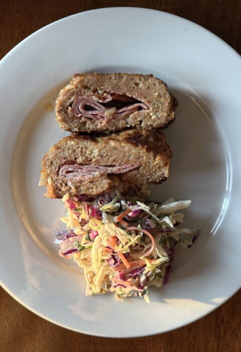 Minced meat roulade with ham and cheese