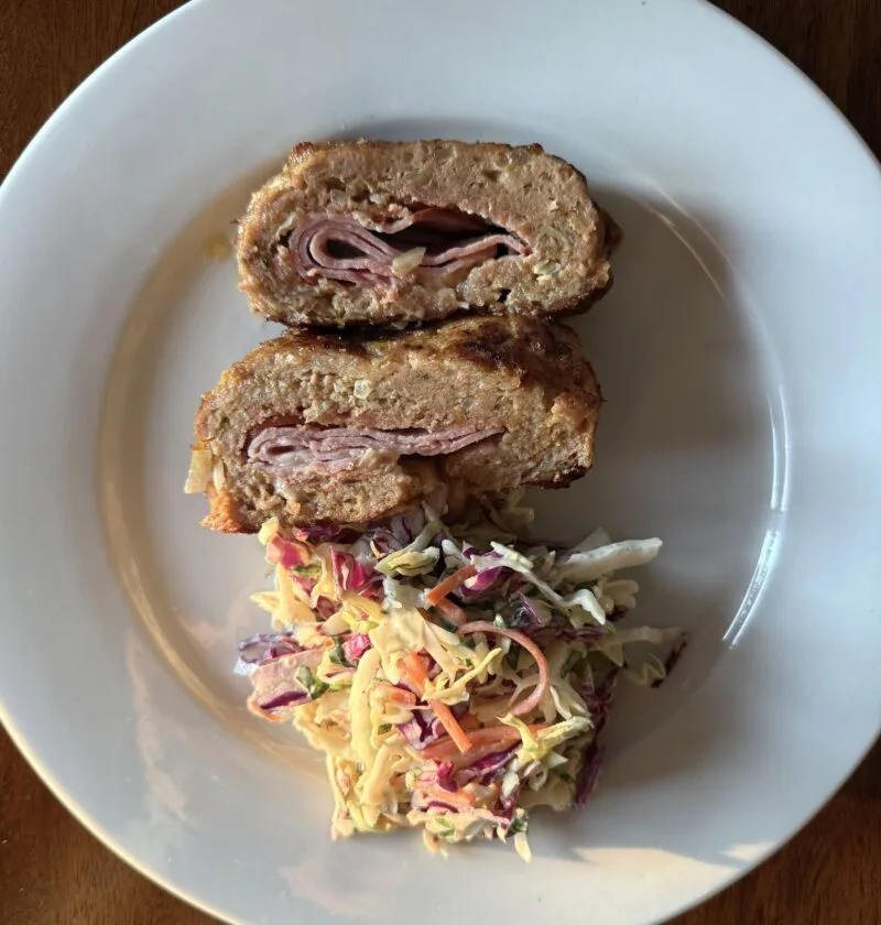 Minced meat roulade with ham and cheese