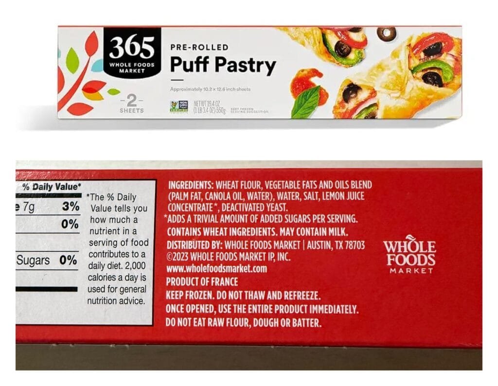365 Whole Foods Market Puff Pastry box above its ingredient label