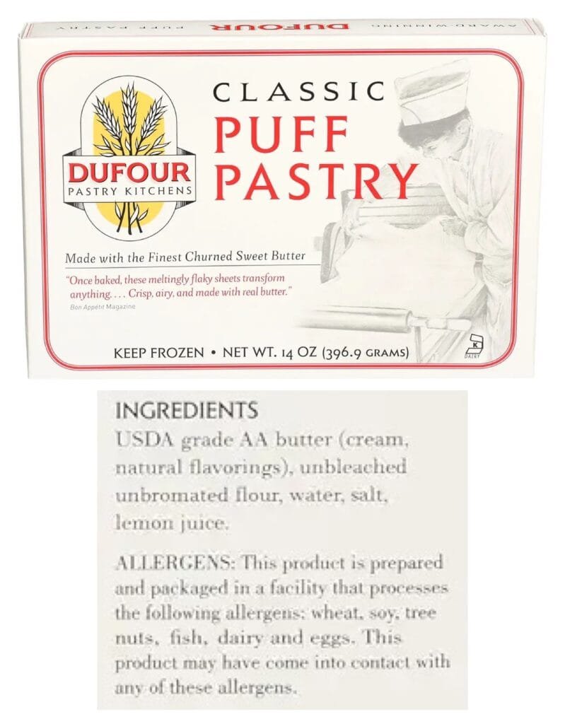 Dufour Classic Puff Pastry box above an enlarged ingredient and allergen label