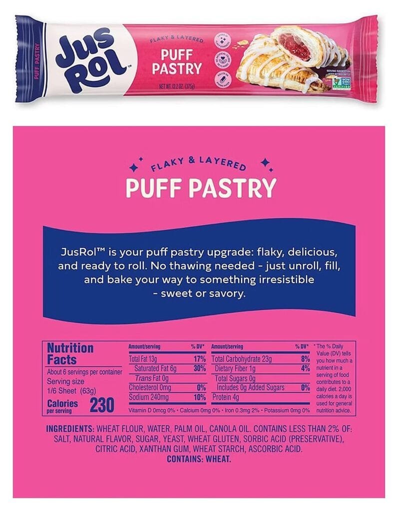 JusRol Puff Pastry package above its nutrition facts and ingredient label