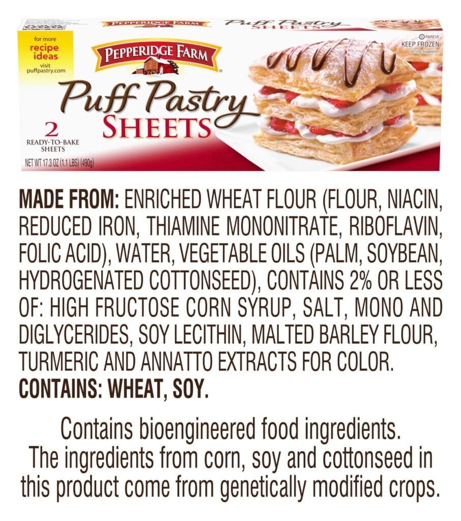 Pepperidge Farm Puff Pastry Sheets box and ingredients list