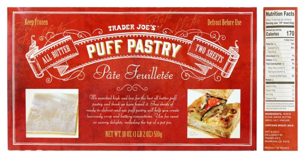 Trader Joe's all-butter Puff Pastry box with nutrition facts and ingredients